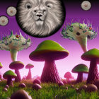 Stylized surreal landscape with fluffy mushrooms and trees under a purple sky