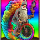 Whimsical wizard on bicycle with rainbow smoke and bubbles