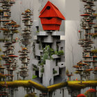 Fantastical cityscape with giant red birdhouse in lush greenery