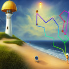 Colorful coastal scene with lighthouse, kites, and whimsical trees.