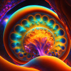 Colorful fractal digital art: spherical core with orange, blue, and purple hues, surrounded by