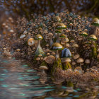 Surreal forest scene with bioluminescent mushrooms, vibrant trees, and reflective blue river