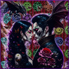 Gothic romantic digital art with dragons, gears, and floral motifs