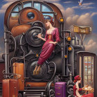 Stylized illustration of two women in 1950s fashion with classic train and vintage plane