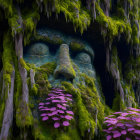 Face in Moss-Covered Forest with Greenery and Purple Flowers