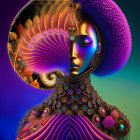 Vibrant digital portrait with patterned headdress & cosmic background