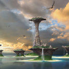 Colorful surreal landscape with mushroom-like structures and floating boats under cloudy sky