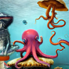 Colorful Cartoon Underwater Scene with Pink Octopus, Jellyfish, and Sea Plants