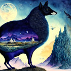 Surreal illustration: majestic black cat in cosmic landscape