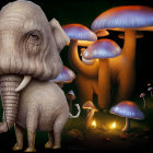 Illustrated Baby Elephant with Glowing Mushrooms and Candles