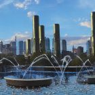 Sleek tall towers in futuristic cityscape with water fountains and dynamic sunset sky