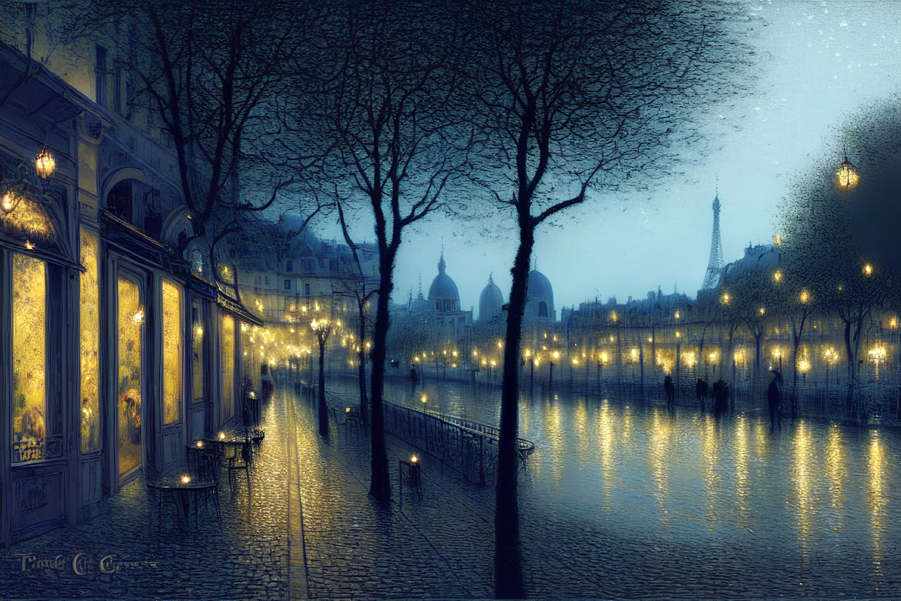 Romantic cobblestone street scene at night with glowing street lamps and Eiffel Tower in dream