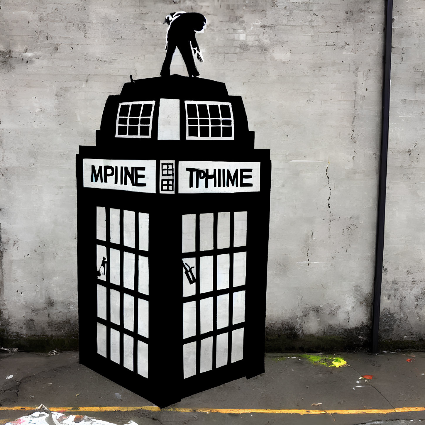 Silhouette on Stylized TARDIS-Shaped Structure with Graffiti