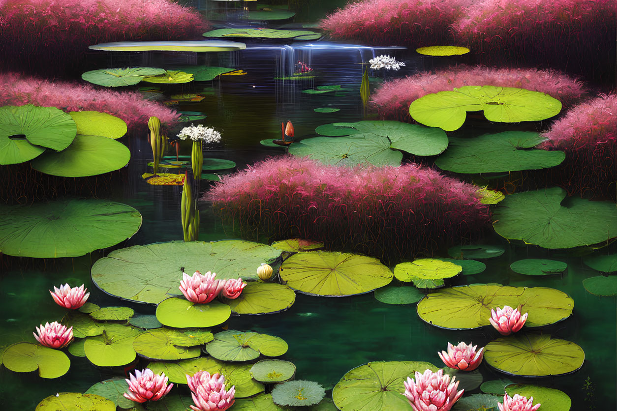 Tranquil pond with green lily pads and pink lotus flowers