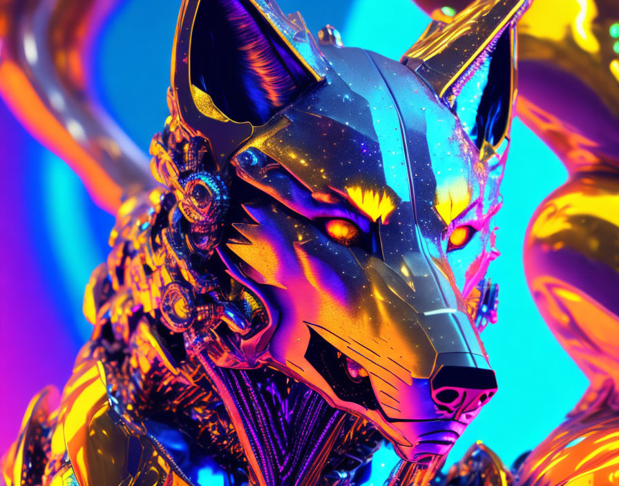 Neon-lit cybernetic wolf on vibrant blue and purple backdrop