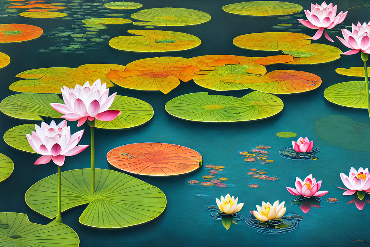 Tranquil Pond with Green Lily Pads and Pink Lotus Flowers