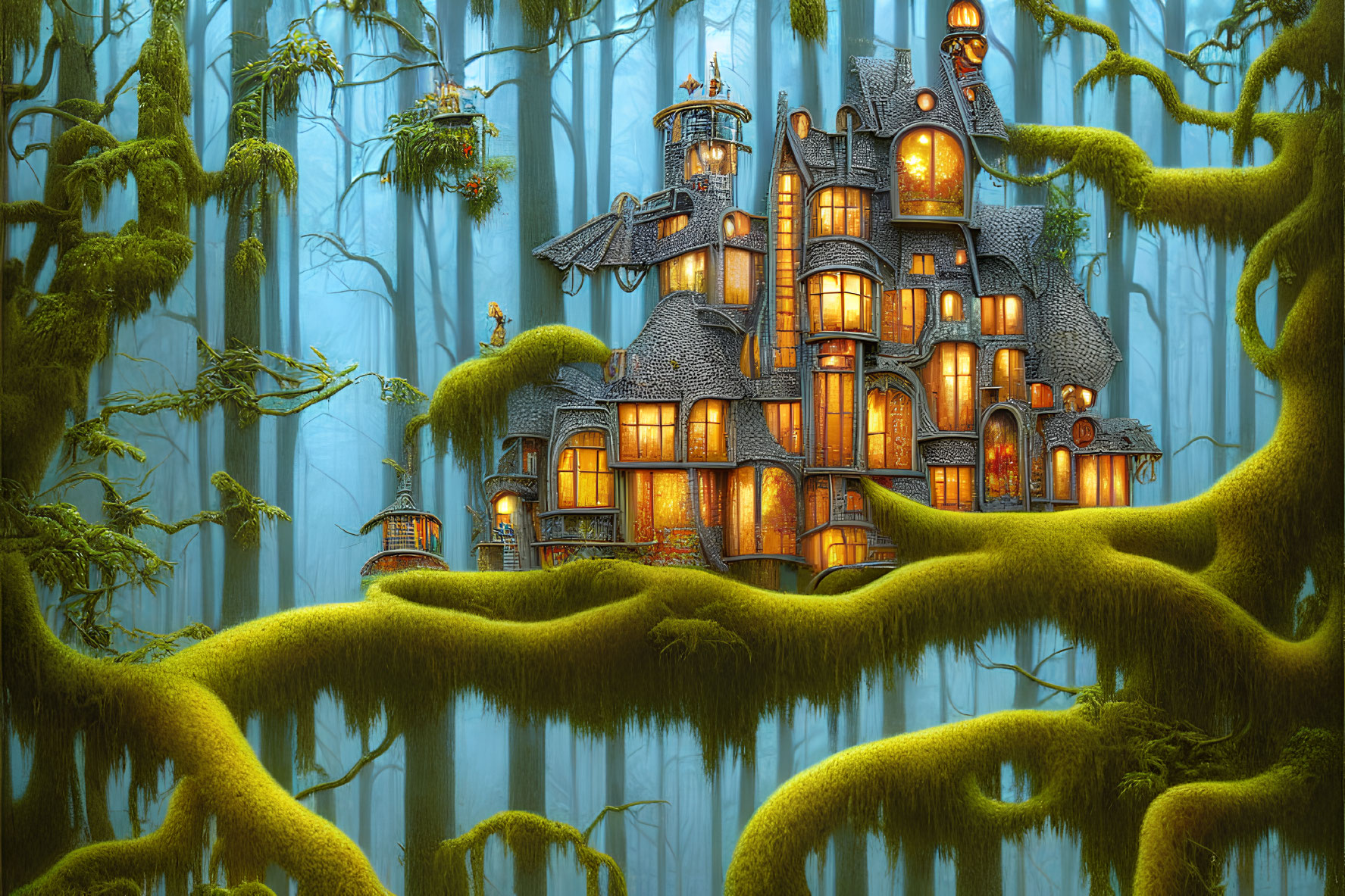 Enchanting forest scene with illuminated fantasy house nestled among moss-covered trees