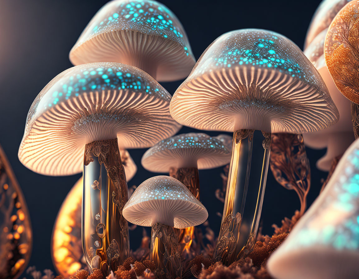 Bioluminescent mushrooms with glowing blue spots in surreal setting