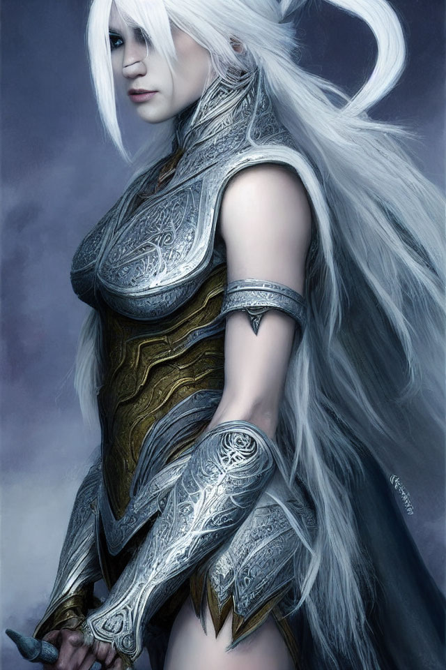 Stoic warrior in silver and gold armor with long white hair and sword