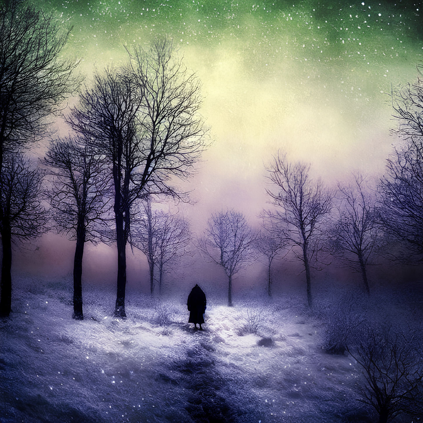 Solitary figure in snowy forest under green aurora-lit sky