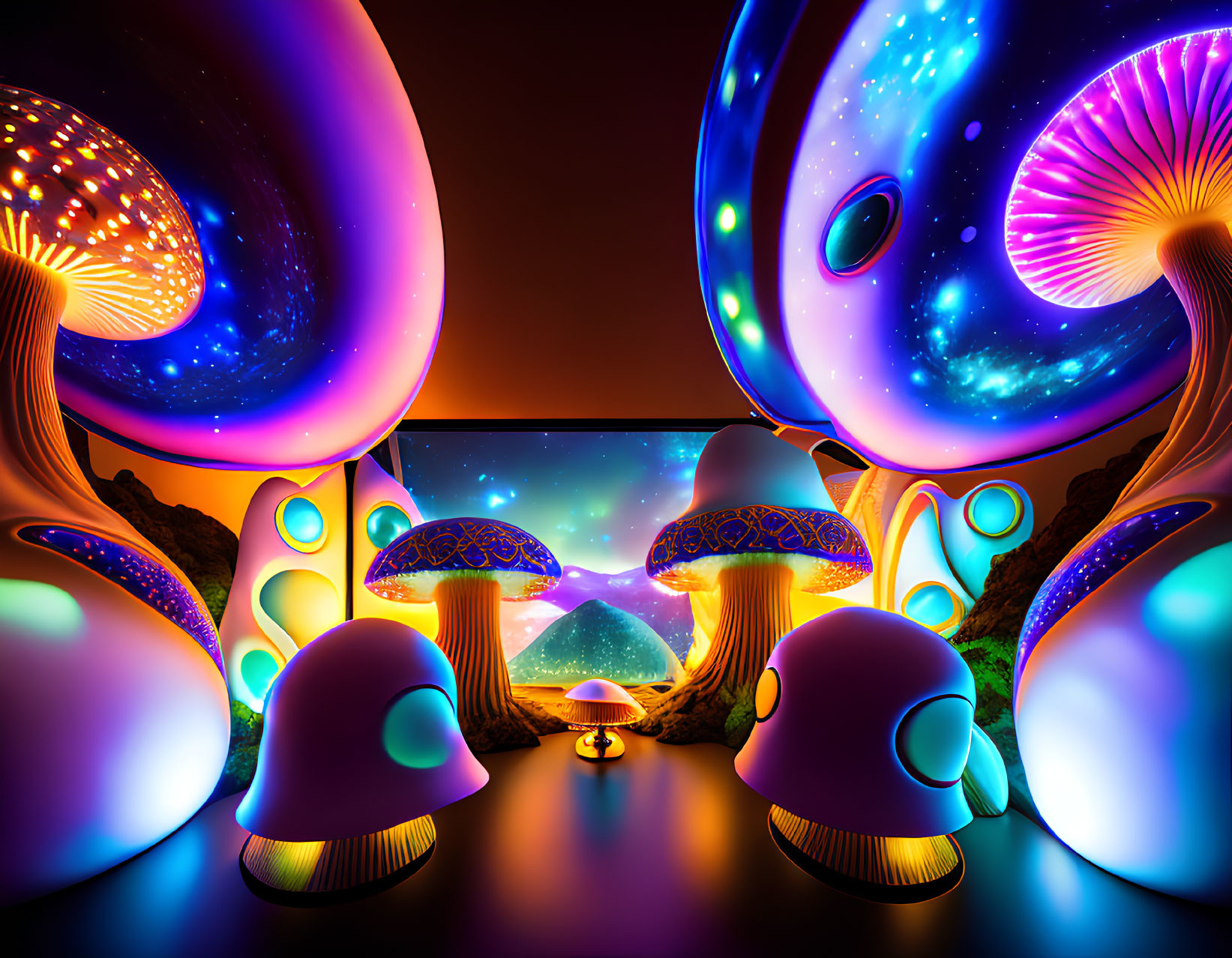 Colorful Psychedelic Room with Glowing Mushroom Structures and Cosmic View