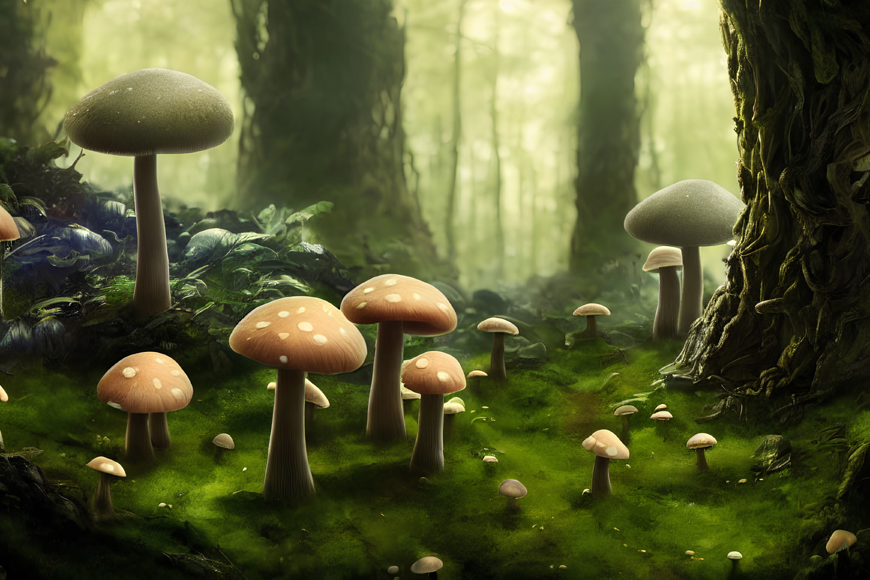 Enchanting forest scene with oversized mushrooms in misty green ambiance