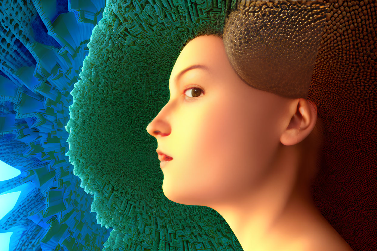 Woman's profile with gold cap on blue and green fractal background