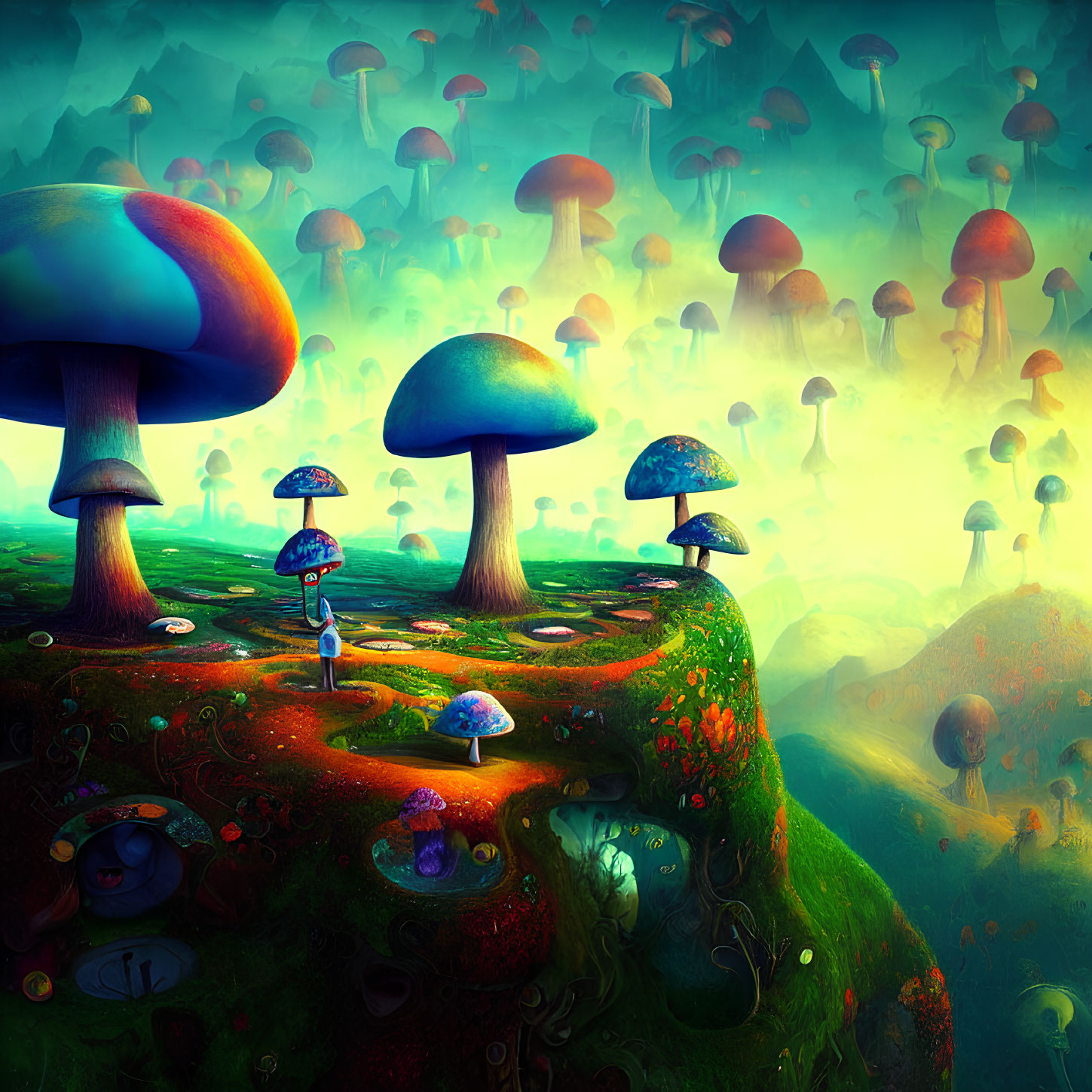 Colorful Fantasy Landscape with Oversized Mushrooms and Small Character Walking in Grassland