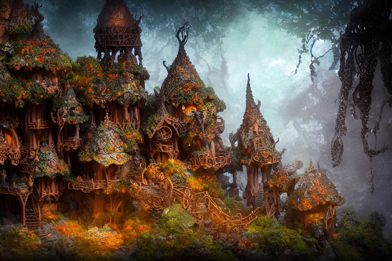 Enchanting forest scene with ornate treehouses and vibrant foliage