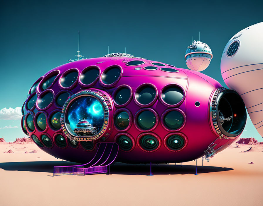 Circular Windowed Habitation Pod in Desert with Spaceship Vibe