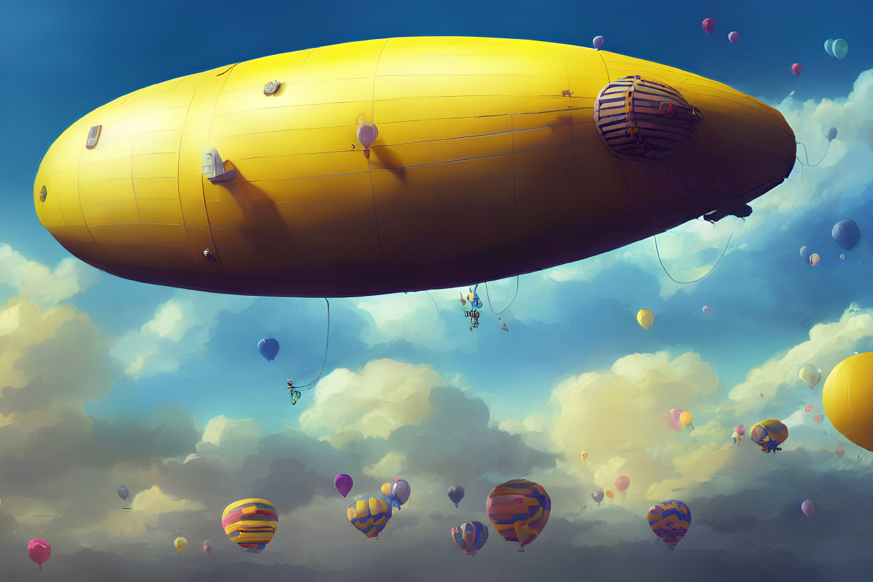 Yellow airship floating amidst colorful balloons and fluffy clouds in the sky