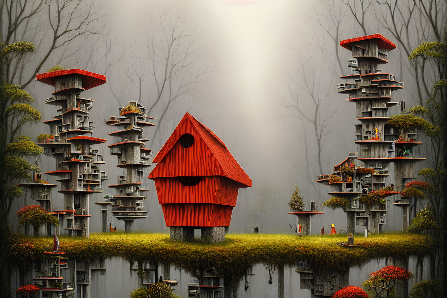 Whimsical landscape featuring giant birdhouse structure amidst tree-like buildings