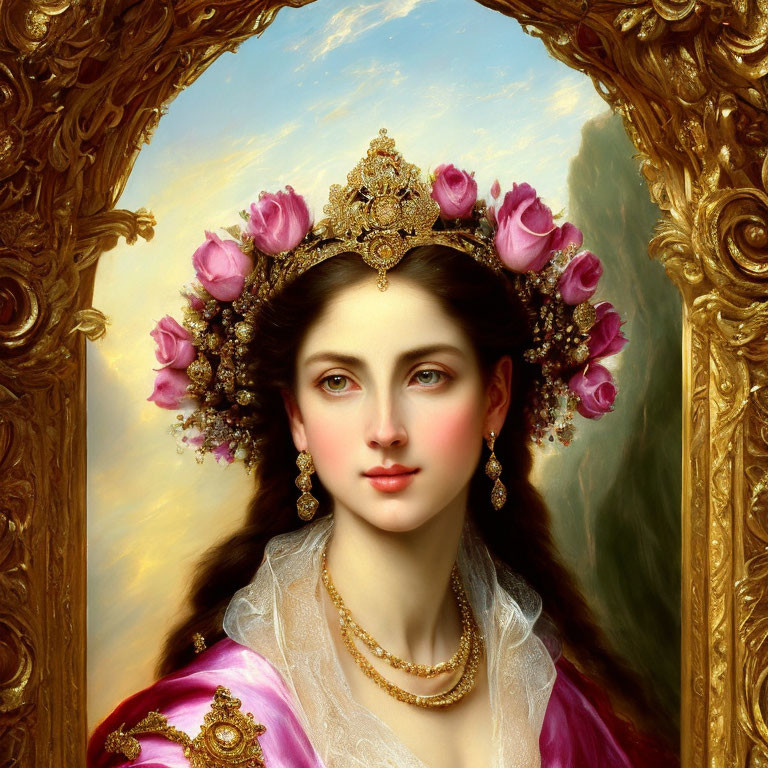 Woman Portrait with Gold Crown and Pink Roses in Ornate Frame