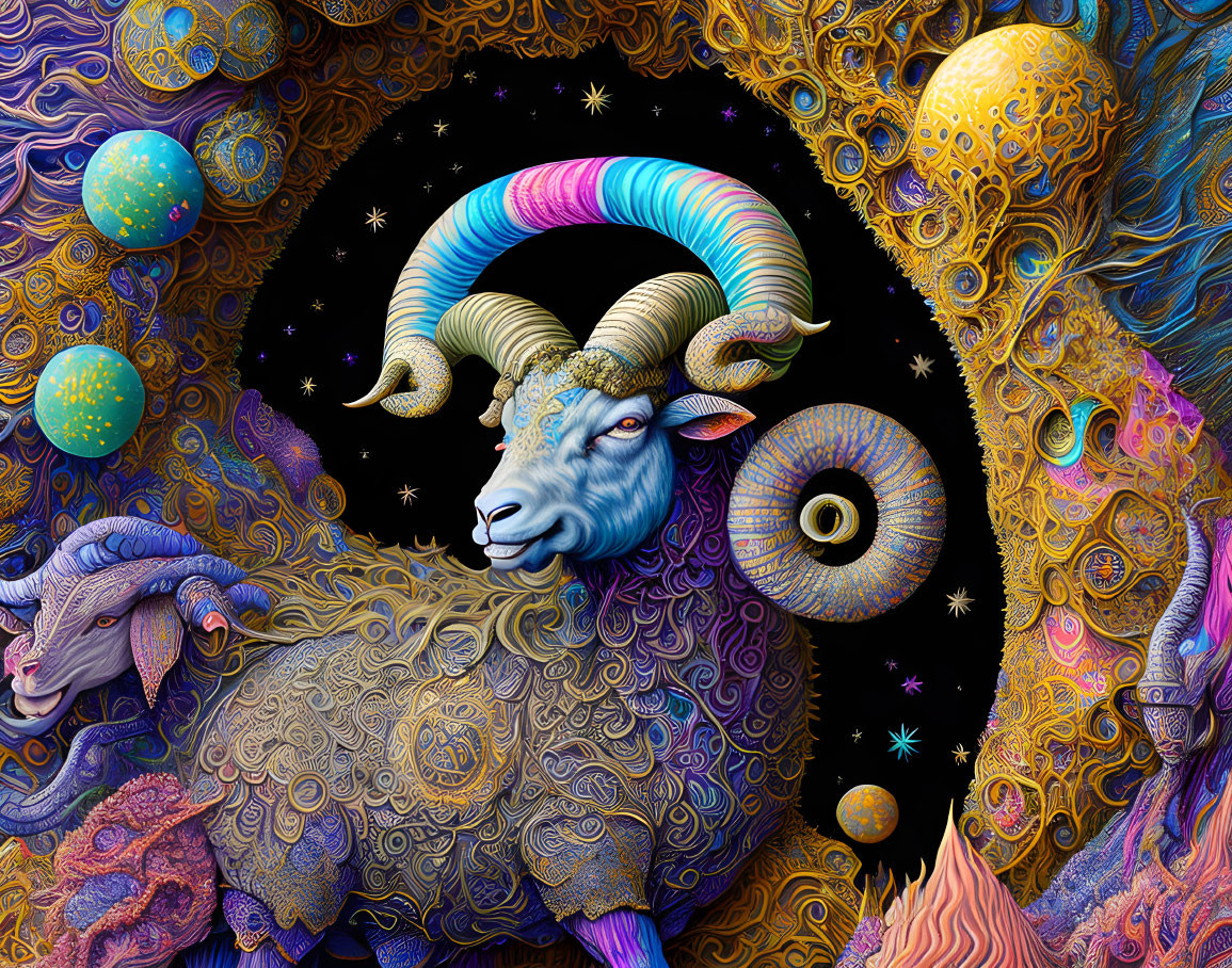 Colorful blue ram with golden patterns in cosmic setting