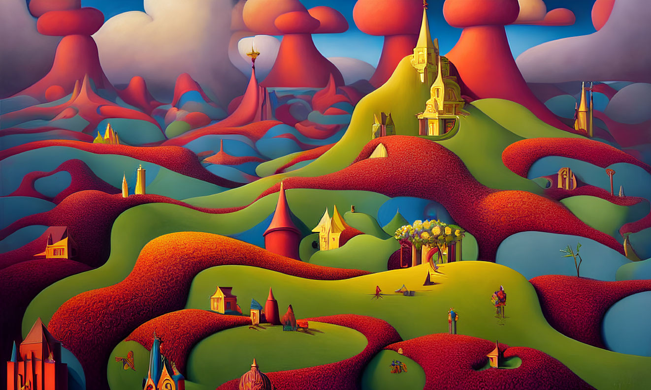 Vibrant surreal landscape with red hills and whimsical structures