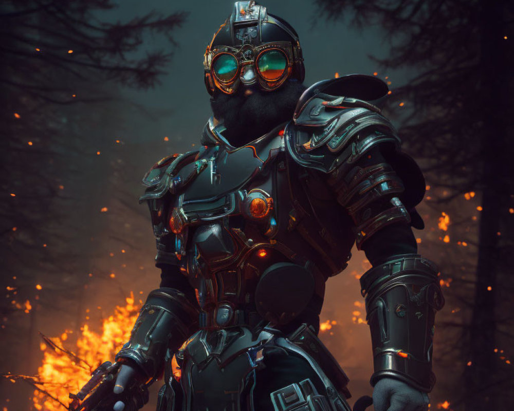 Futuristic armored figure with glowing goggles in dark forest with embers.