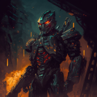 Futuristic armored figure with glowing goggles in dark forest with embers.