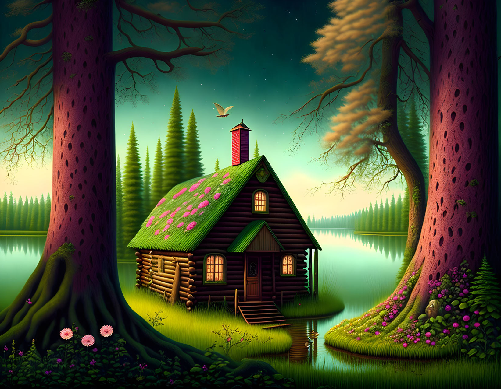 Tranquil lake cabin scene with starry sky and bird