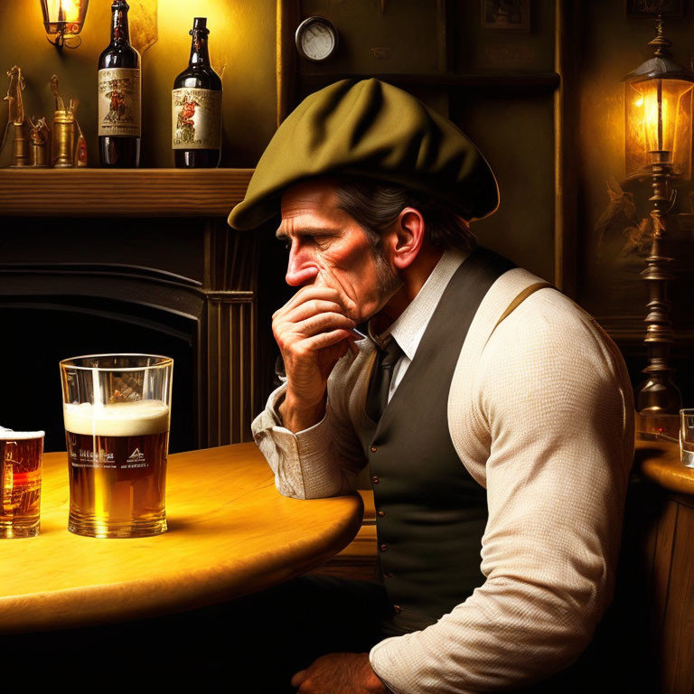 Man in beret and vest at bar with beer in warm ambiance