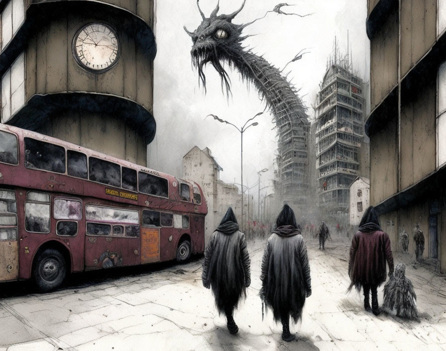 Desolate street with dragon-like creature and cloaked figures near double-decker bus