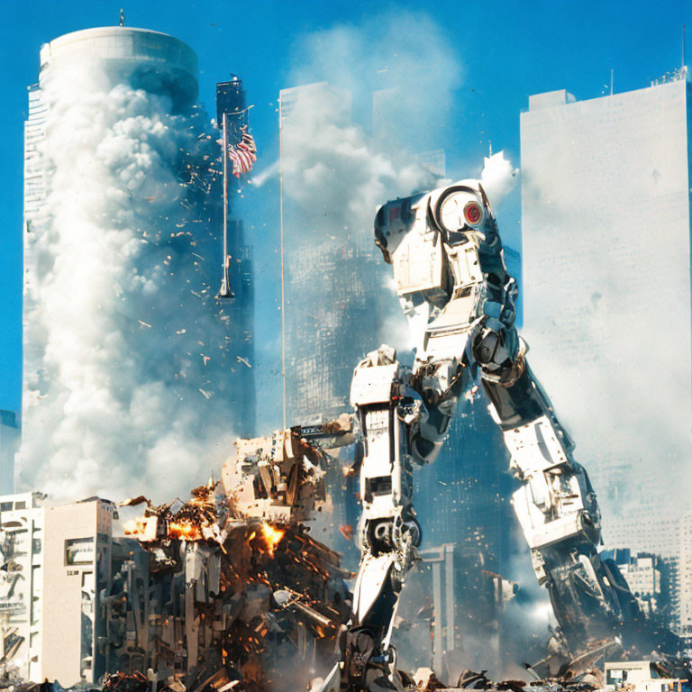 Giant robot in urban wreckage with American flag.