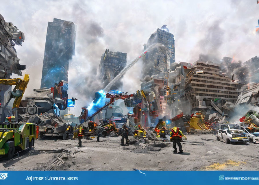 Emergency scene with firefighters, vehicles, collapsed buildings, debris, water jets, and sci-fi robot.