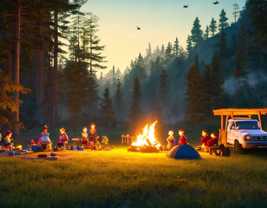 People around campfire in forest clearing at sunset with vehicle and camping gear. Birds flying.