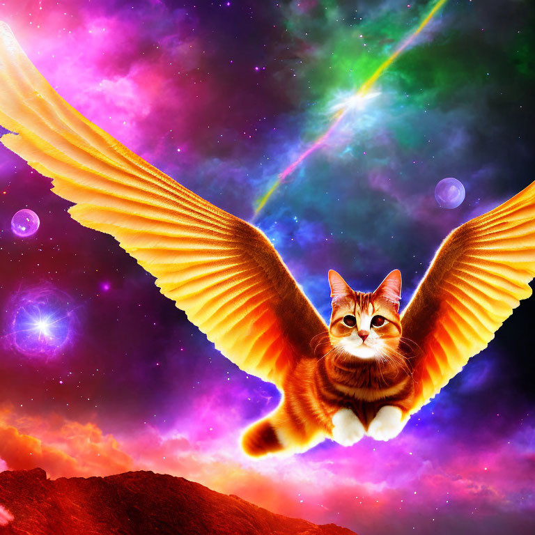 Flying cat with majestic wings in vibrant cosmic sky