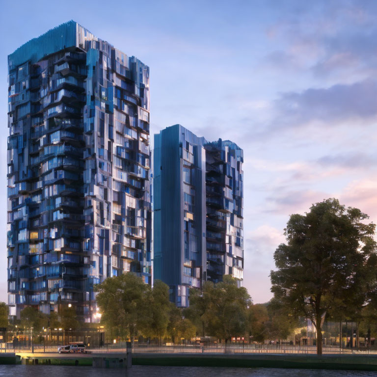 Twilight view of modern high-rise buildings with reflective glass facades and blue accents