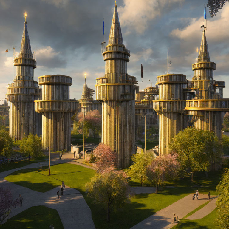 Majestic castle with spires in serene park under golden sunlight