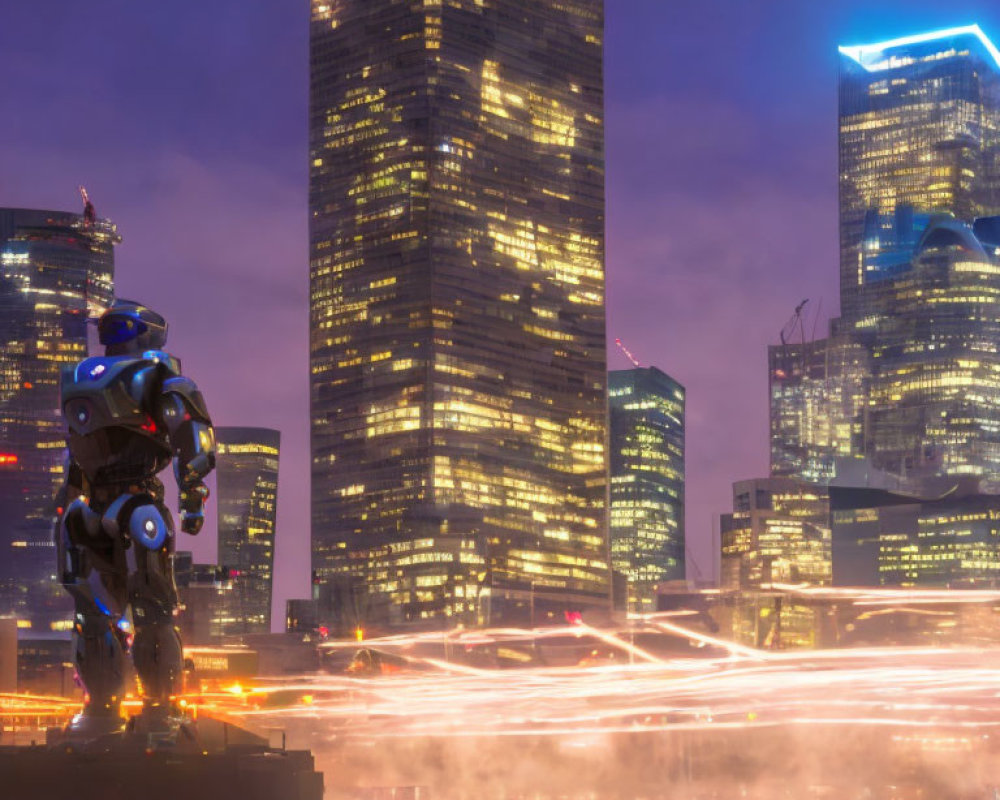 Robot posing against illuminated city skyline at dusk with traffic light trails.