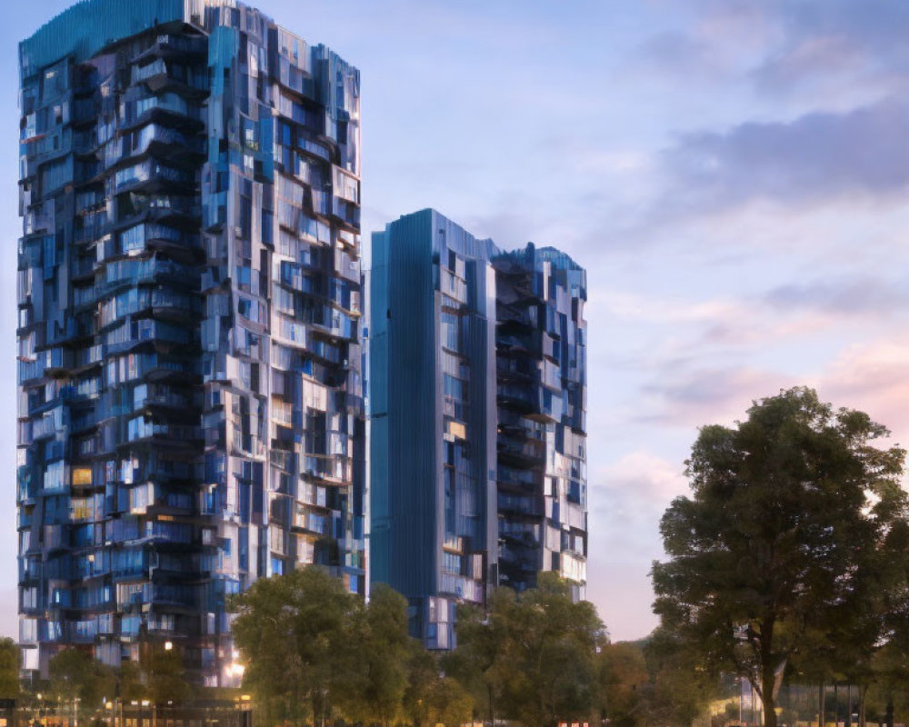 Twilight view of modern high-rise buildings with reflective glass facades and blue accents