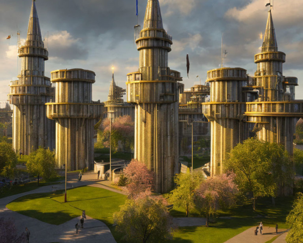 Majestic castle with spires in serene park under golden sunlight