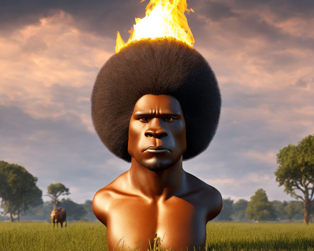 Digital artwork: Person with afro on fire in savanna with elephant.